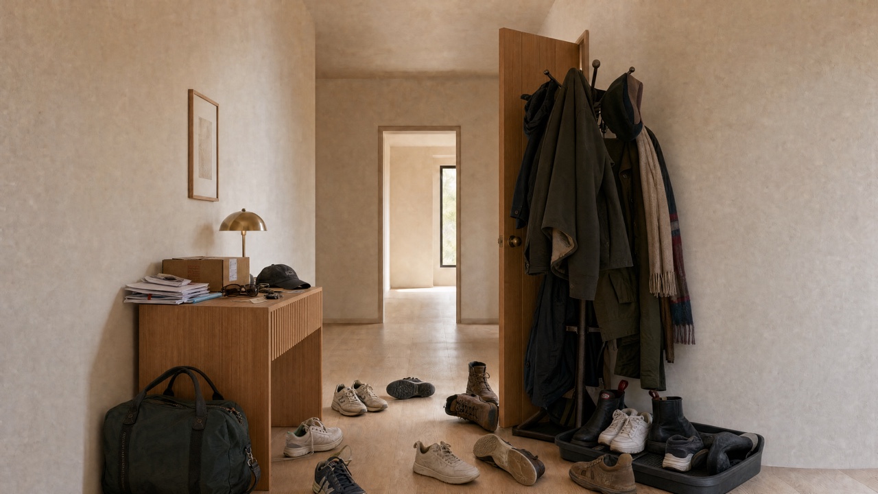 An entry hall as found. Shoes are scattered across the floor, coats and a scarf crowd the back of the open door, and the console carries mail, a cap, a package and reading glasses, with a duffel bag on the floor beside it.