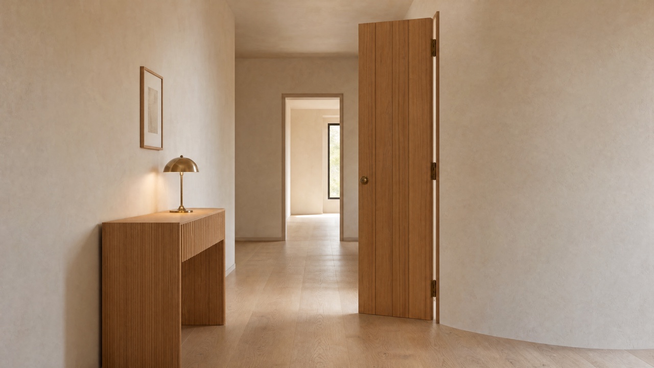 The same entry hall from the same camera position, decluttered. A narrow fluted console carries a single brass lamp and one framed print hangs above it. Clean, calm, and nothing else.