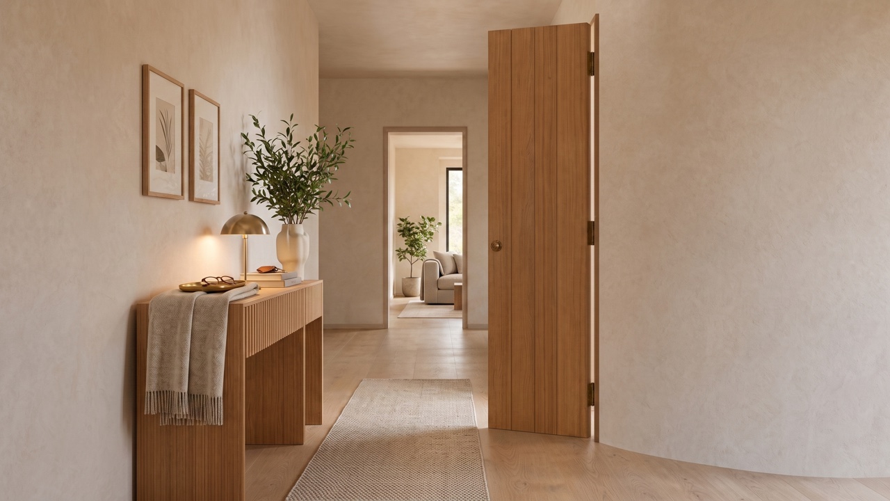 The same entry hall staged. A pair of framed prints, a tall leafy branch in a pale ceramic vessel, a brass tray and books on the console, a woven runner along the floor and a throw over the console end, with the living room reading through the doorway.