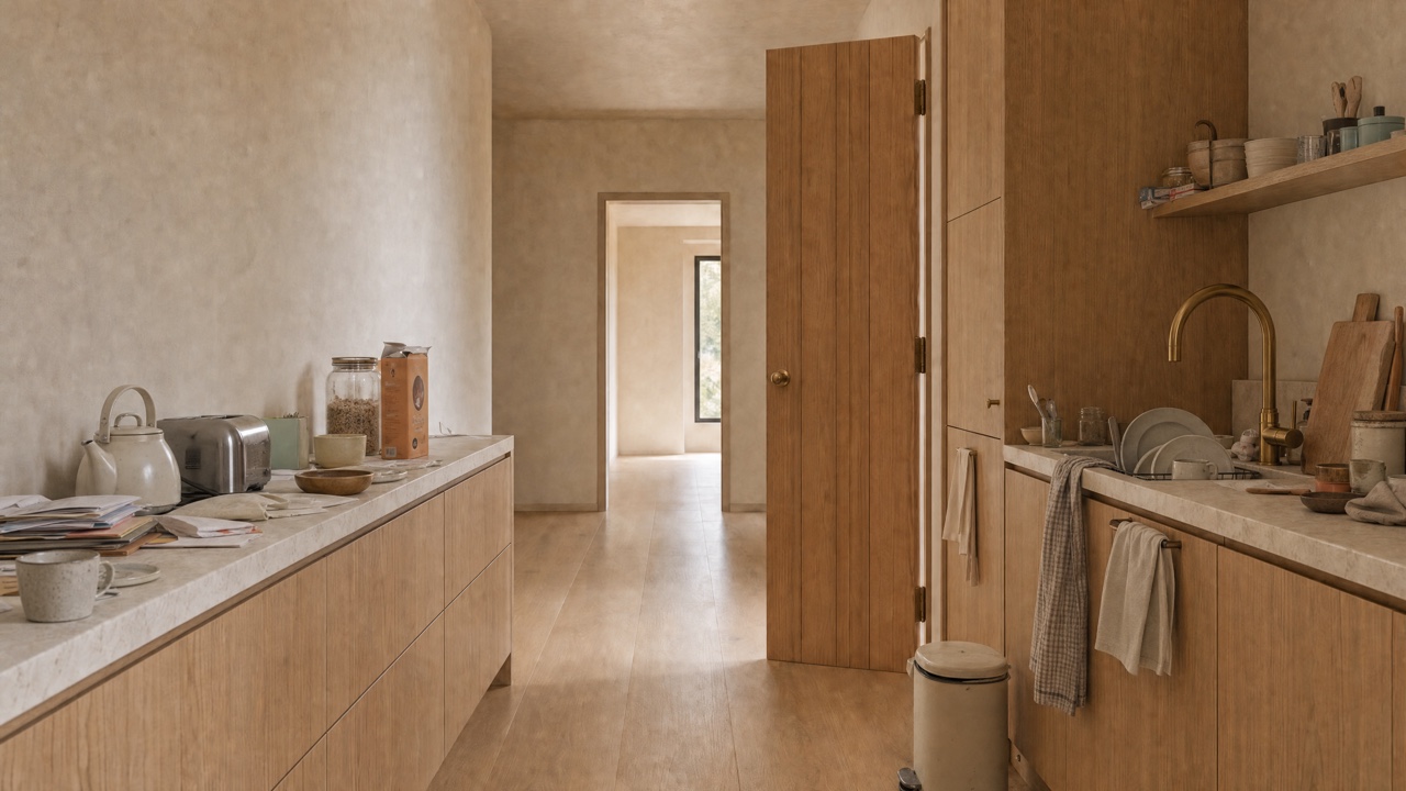 A galley kitchen as found. Both counter runs are loaded: kettle, toaster, jars, a cereal box, a stack of papers and a mug on one side; a full dish rack, tea towels over the cabinet fronts and a bin on the other.