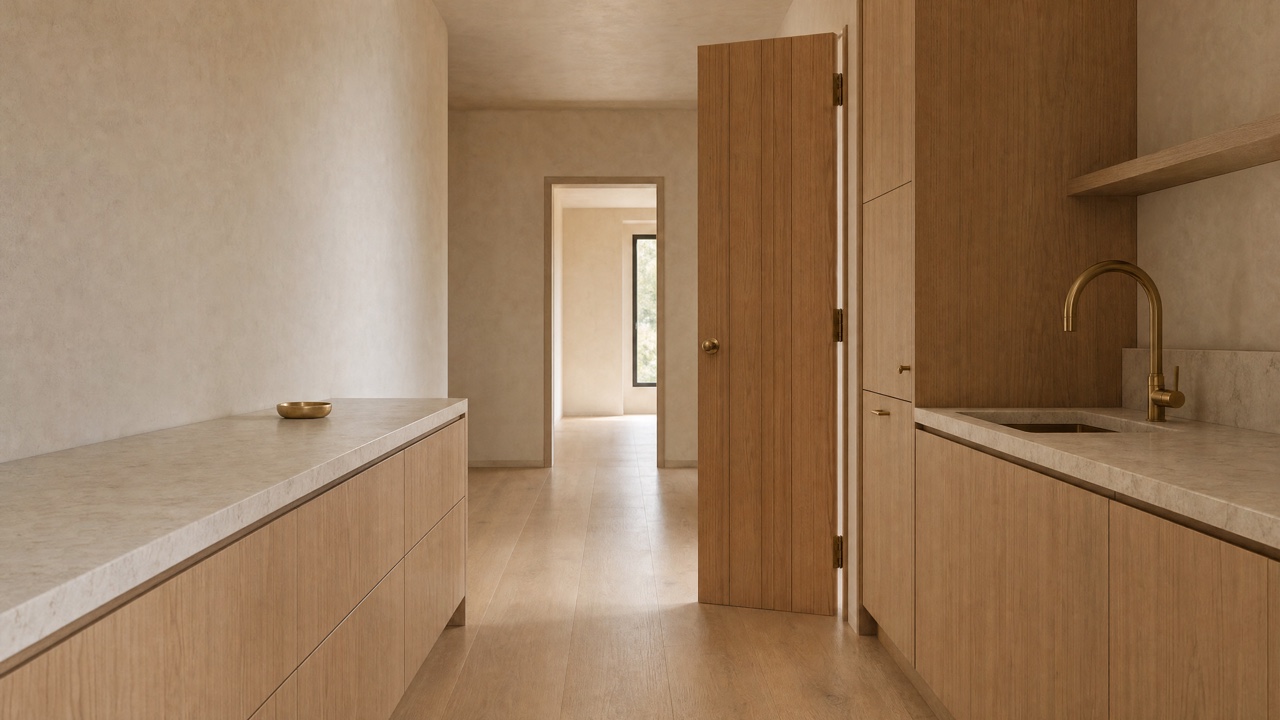 The same galley kitchen from the same camera position, decluttered. One shallow brass bowl sits on an otherwise empty counter run.