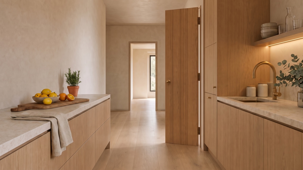 The same galley kitchen staged. A long timber board carries a bowl of citrus, a potted herb sits beside it, linen falls over the counter edge, and eucalyptus and stacked stoneware give the sink wall something to look at under a warm shelf light.